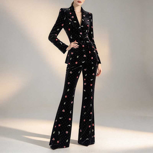 Black Velvet Floral Embroidered Blazer Flared Formal Suit
