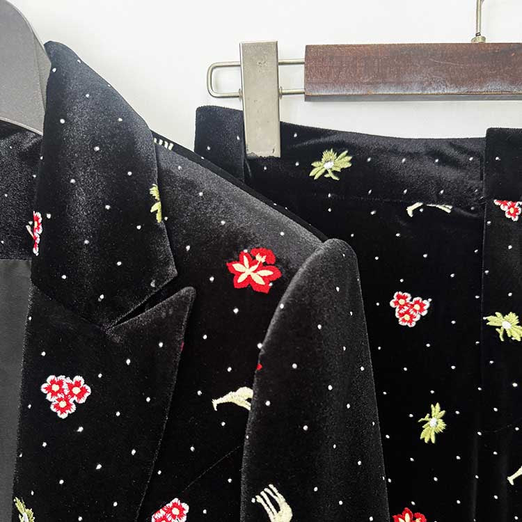 Black Velvet Floral Embroidered Blazer Flared Formal Suit