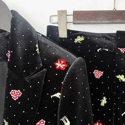 Black Velvet Floral Embroidered Blazer Flared Formal Suit