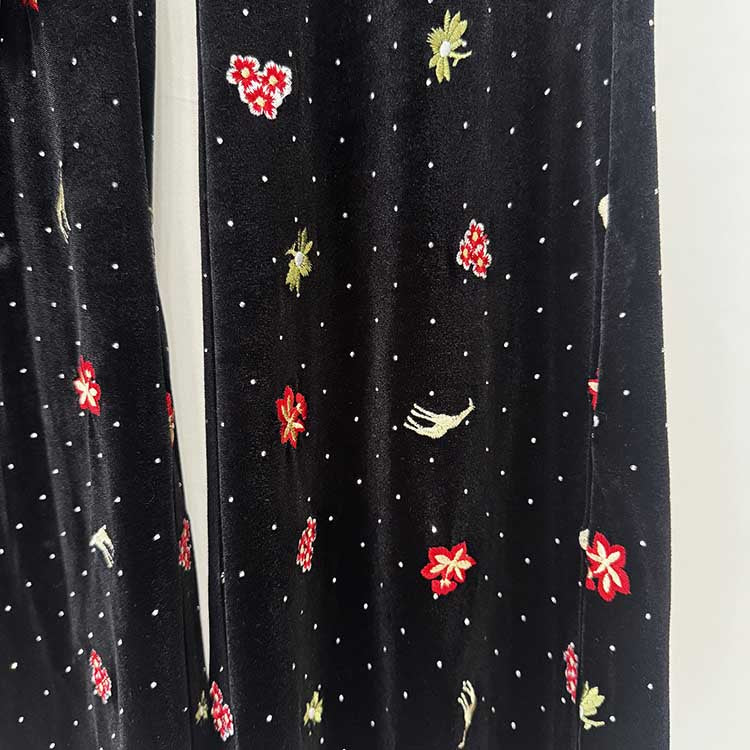 Black Velvet Floral Embroidered Blazer Flared Formal Suit