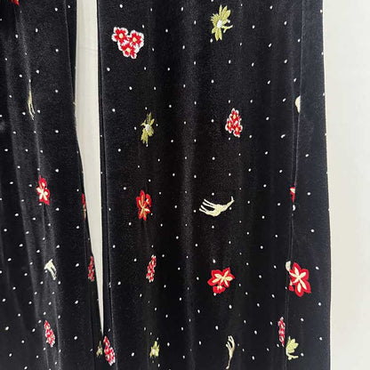 Black Velvet Floral Embroidered Blazer Flared Formal Suit