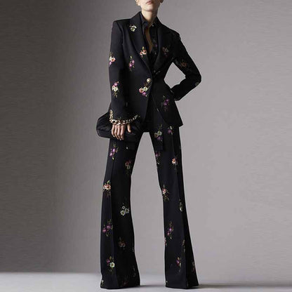 Women One Button Deep V Neck Floral Fitted Blazer + Flare Trousers Black Pants Suit