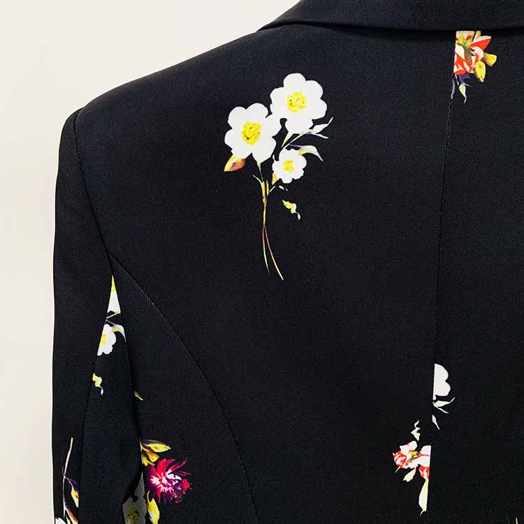 Women One Button Deep V Neck Floral Fitted Blazer + Flare Trousers Black Pants Suit