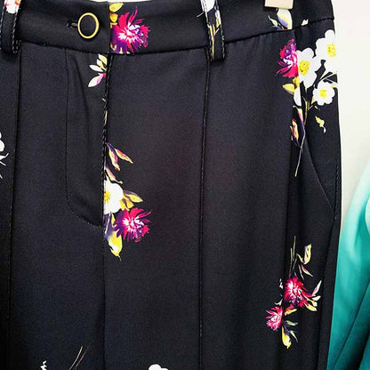 Women One Button Deep V Neck Floral Fitted Blazer + Flare Trousers Black Pants Suit