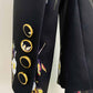 Women One Button Deep V Neck Floral Fitted Blazer + Flare Trousers Black Pants Suit