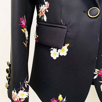 Women One Button Deep V Neck Floral Fitted Blazer + Flare Trousers Black Pants Suit