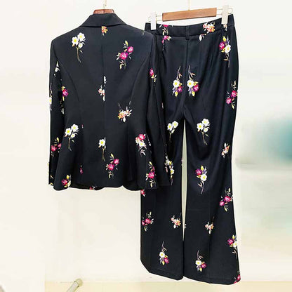 Women One Button Deep V Neck Floral Fitted Blazer + Flare Trousers Black Pants Suit