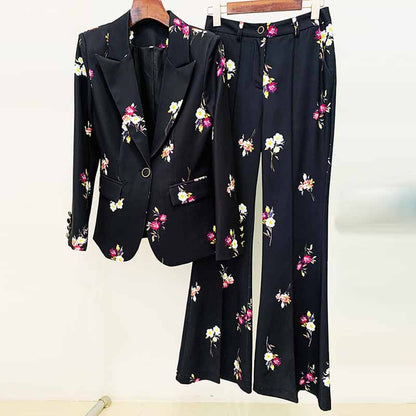Women One Button Deep V Neck Floral Fitted Blazer + Flare Trousers Black Pants Suit