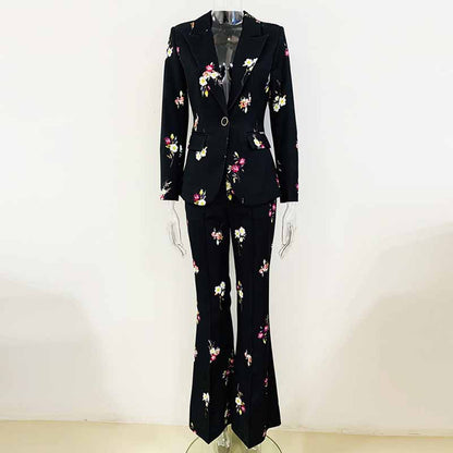 Women One Button Deep V Neck Floral Fitted Blazer + Flare Trousers Black Pants Suit