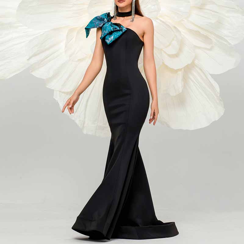 Black One Shoulder Mermaid Prom Dress Big Bow Tie Drawing Event Dress Ball Gowns