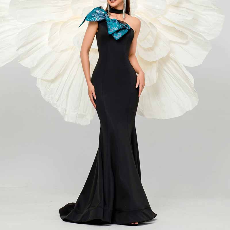 Black One Shoulder Mermaid Prom Dress Big Bow Tie Drawing Event Dress Ball Gowns