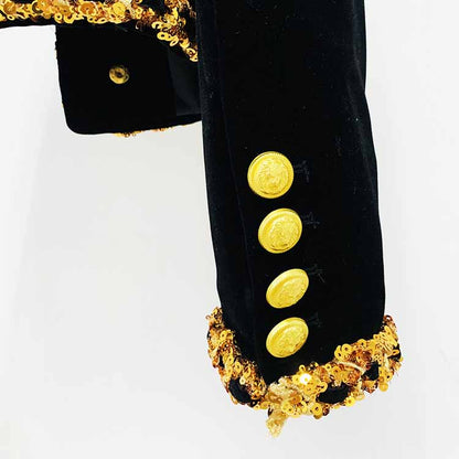 Women's Black Cardigan Coat Beaded Sequin Chain Velvet Jacket Short Coat