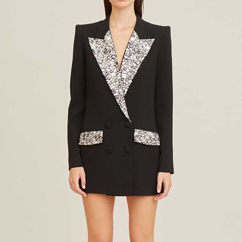 Crstal-Lapel Blazer Dress in Black White