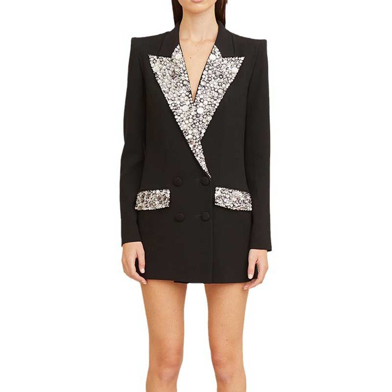 Crstal-Lapel Blazer Dress in Black White