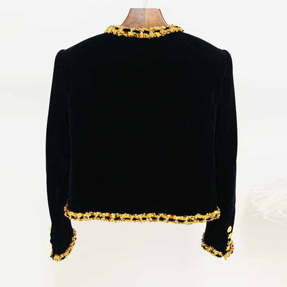 Women's Black Cardigan Coat Beaded Sequin Chain Velvet Jacket Short Coat