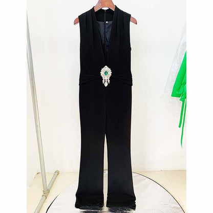 Women's Black Deep-V Studded Sleeveless Jumpsuit