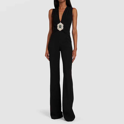 Women's Black Deep-V Studded Sleeveless Jumpsuit