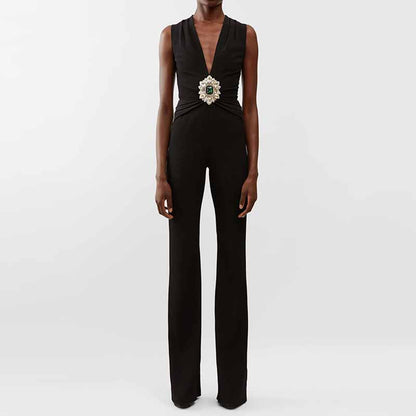 Women's Black Deep-V Studded Sleeveless Jumpsuit