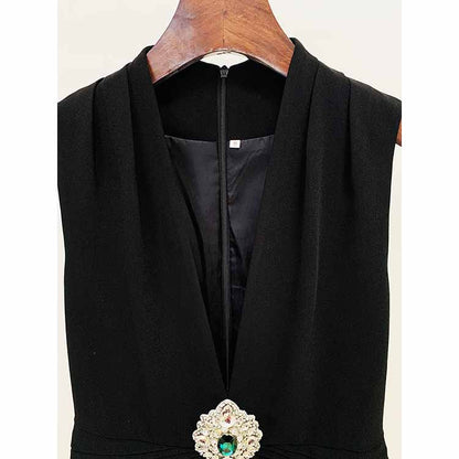 Women's Black Deep-V Studded Sleeveless Jumpsuit