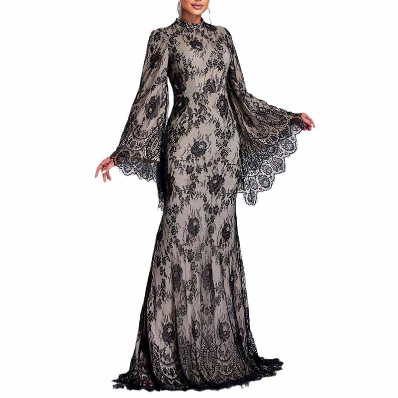 Standard Collar Flared Sleeve Black Lace Prom Dress Wedding Cocktail Gowns