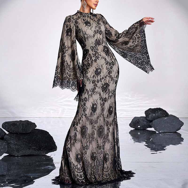 Standard Collar Flared Sleeve Black Lace Prom Dress Wedding Cocktail Gowns