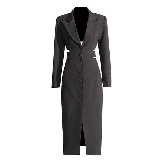 Women's Cut-Out Maxi Coat Slim Fit Black Blazer Dress