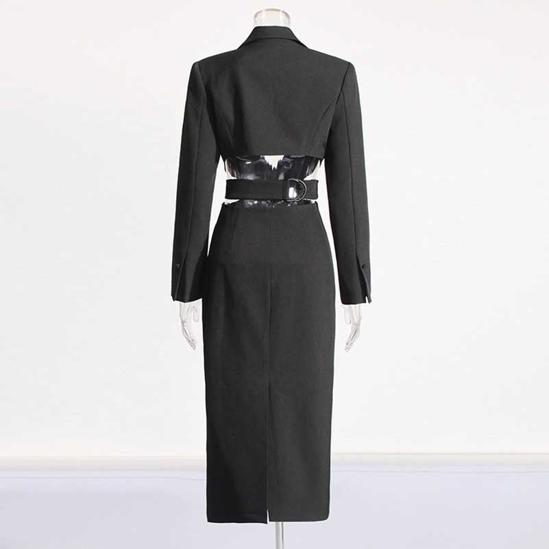 Women's Cut-Out Maxi Coat Slim Fit Black Blazer Dress