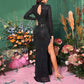 Turtlen Neck Long Sleeve Sequin Evening Dress Black Split Maxi Dress