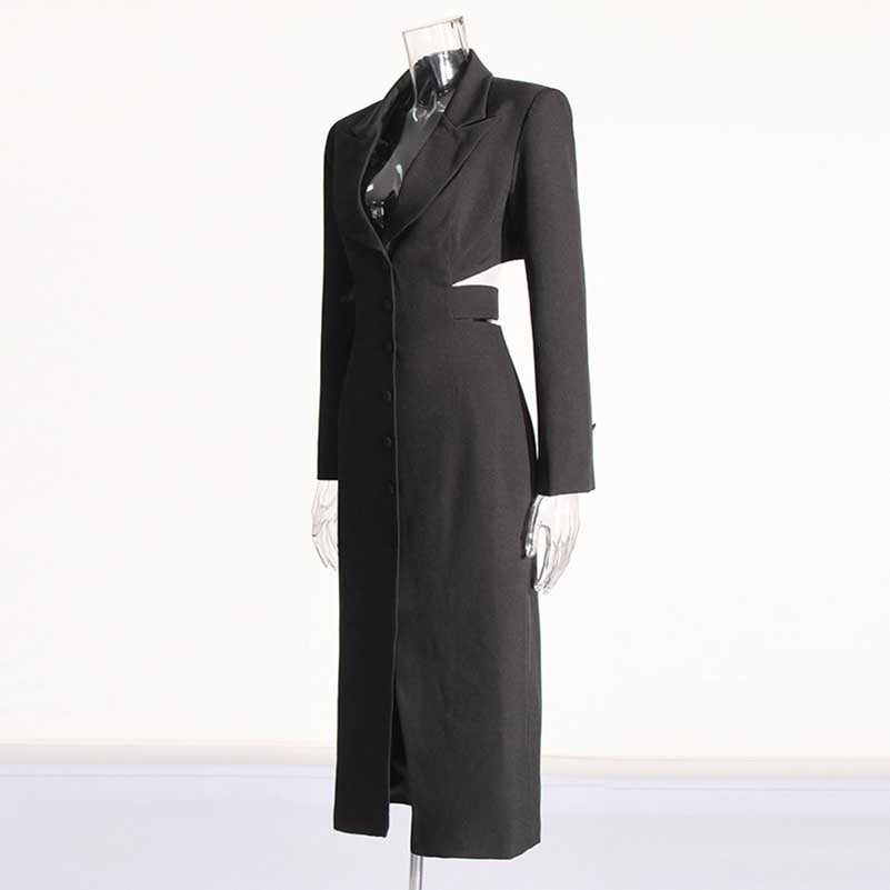 Women's Cut-Out Maxi Coat Slim Fit Black Blazer Dress