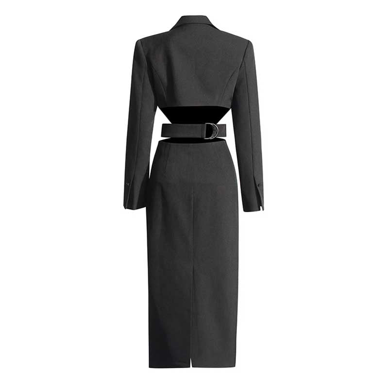 Women's Cut-Out Maxi Coat Slim Fit Black Blazer Dress