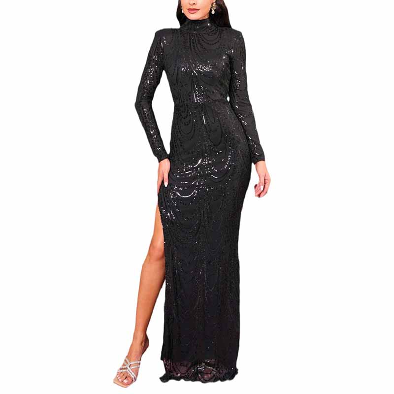 Turtlen Neck Long Sleeve Sequin Evening Dress Black Split Maxi Dress