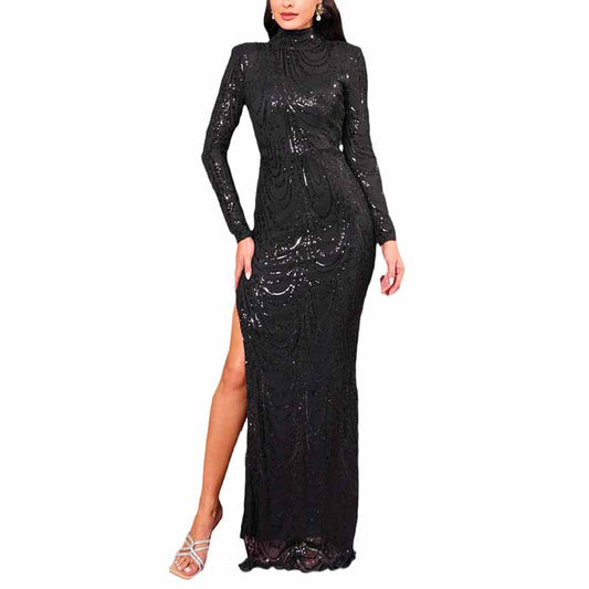 Turtlen Neck Long Sleeve Sequin Evening Dress Black Split Maxi Dress