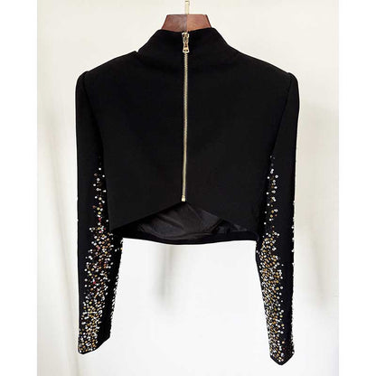 Women's Long Skirt Suit Mock Collar Crop Top Skirt Set Black Maxi Skirt Suit