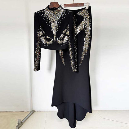 Women's Long Skirt Suit Mock Collar Crop Top Skirt Set Black Maxi Skirt Suit