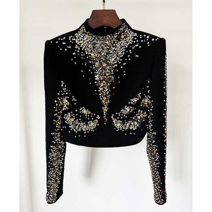 Women's Long Skirt Suit Mock Collar Crop Top Skirt Set Black Maxi Skirt Suit