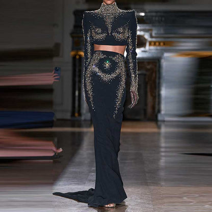 Women's Long Skirt Suit Mock Collar Crop Top Skirt Set Black Maxi Skirt Suit