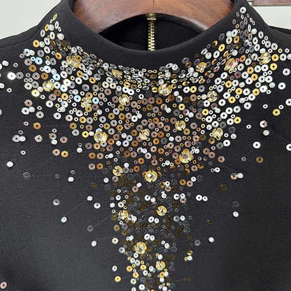 Women's Long Skirt Suit Mock Collar Crop Top Skirt Set Black Maxi Skirt Suit