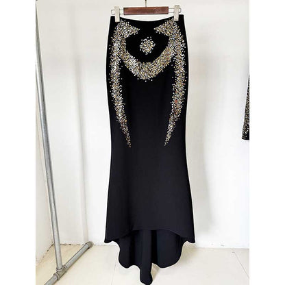 Women's Long Skirt Suit Mock Collar Crop Top Skirt Set Black Maxi Skirt Suit