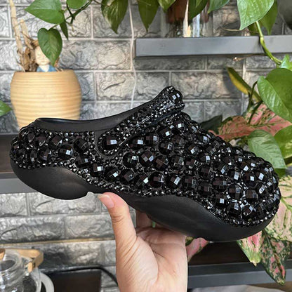 Womens Black Closed Toe Clog Shoes Rhinestone Slip on Mules
