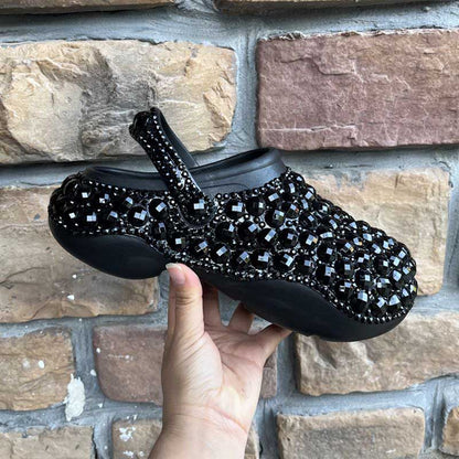 Womens Black Closed Toe Clog Shoes Rhinestone Slip on Mules