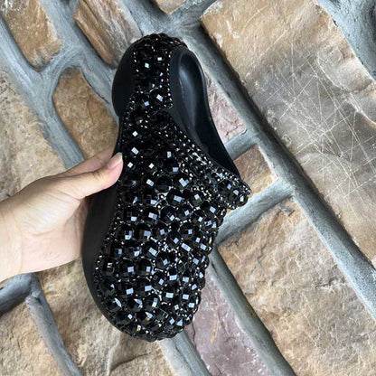 Womens Black Closed Toe Clog Shoes Rhinestone Slip on Mules