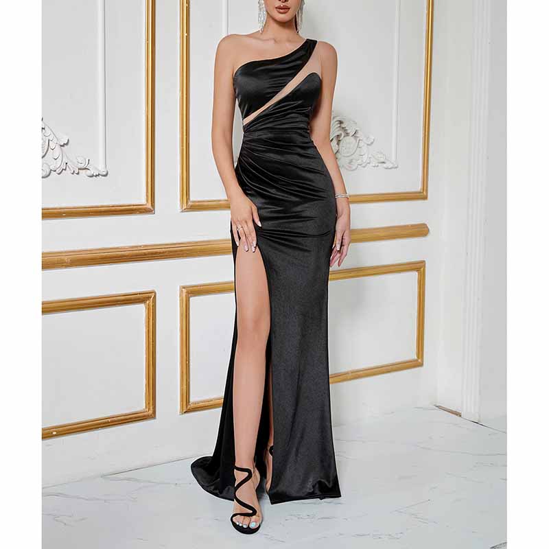 One Shoulder Satin Prom Dress with Side Split – Stunning Black Evening Dress