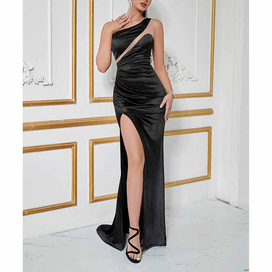 One Shoulder Satin Prom Dress with Side Split – Stunning Black Evening Dress