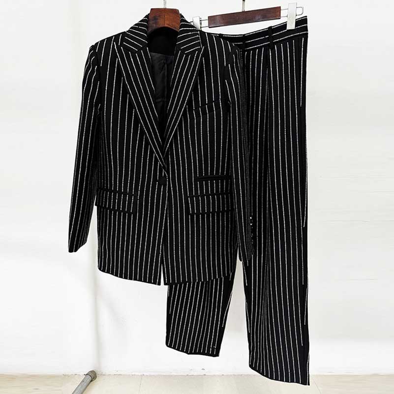 Women Wide-Leg Pantsuit Diamond Stripes Event Outfit