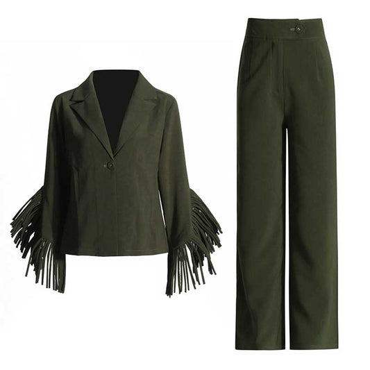 Two Pieces Dark Green Blazer Pants Suit Fringe Event Suit