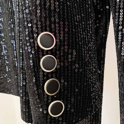 Women Black Sequinned fitted Blazer + Mid-High Rise Flare Trousers Suit Pantsuit