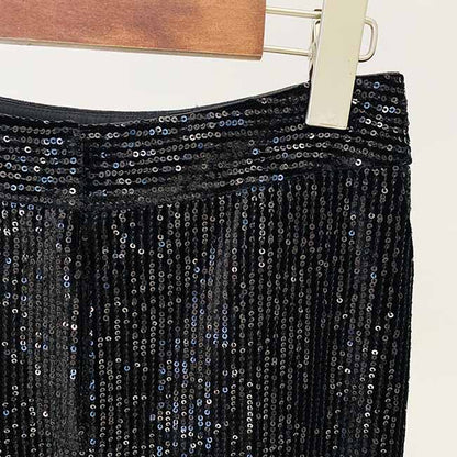 Women Black Sequinned fitted Blazer + Mid-High Rise Flare Trousers Suit Pantsuit