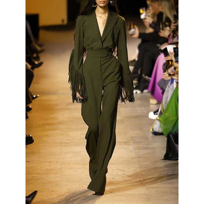 Two Pieces Dark Green Blazer Pants Suit Fringe Event Suit