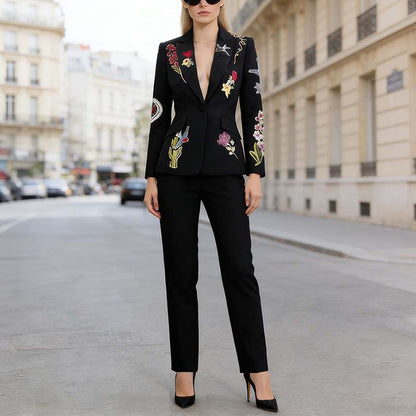 Beaded Embroidery Blazer & Trousers Two-Piece Set