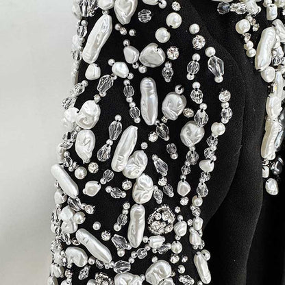 Tailored Black Pantsuit V-Neck Crystal Beaded Shoulder Formal Suit